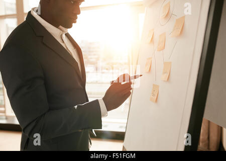 Schuss von Geschäftsmann präsentiert seine Ideen auf Tafel beschnitten. Führungskraft mit Filzstift schreiben in Flipchart während Stockfoto