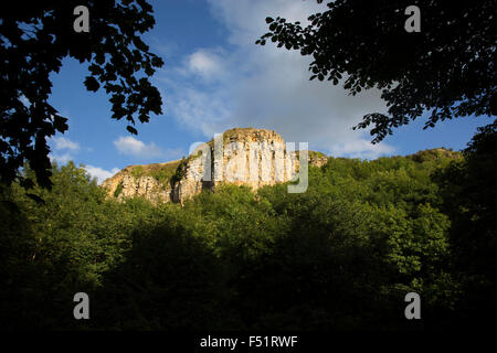 Sandstein-Klippen bei Sutton Bank, auch bekannt als Roulston Narbe ist ein Hügel im Stadtteil Hambleton von den North York Moors National Park, North Yorkshire in England, UK. Es ist ein Höhepunkt auf den Hambleton Hügeln mit einen herrlichen Blick über das Vale of York und Vale Mowbray. Stockfoto