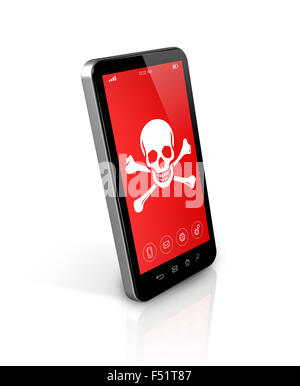 3D Smartphone mit einem Piraten-Symbol auf dem Bildschirm. Hacking-Konzept Stockfoto