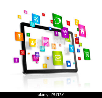 3D Tablet-PC mit fliegenden apps Icons - isoliert auf weiss Stockfoto
