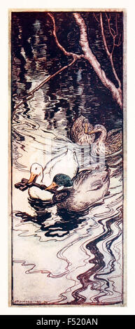 "Die Enten, die er einmal gerettet hatte, tauchte und brachte den Schlüssel aus der Tiefe." von "Queen Bee" in "Die Märchen von der Brüder Grimm", Illustration von Arthur Rackham (1867-1939). Siehe Beschreibung für mehr Informationen. Stockfoto