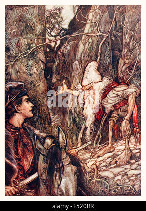 "Gute Zwerg nicht kannst du mir wo sind meine Brüder?" vom "Wasser des Lebens" in "Die Märchen von der Brüder Grimm", Illustration von Arthur Rackham (1867-1939). Siehe Beschreibung für mehr Informationen. Stockfoto