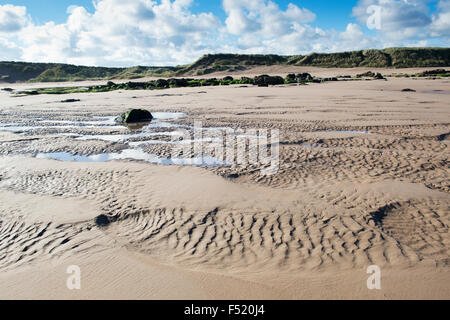 Wellige Sand und Meer Wasser am Strand bei Ebbe. Scremerston, Berwick nach Tweed, Northumberland, England. Stockfoto