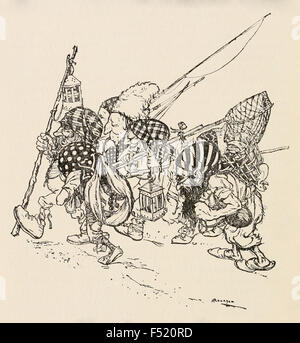 "Abends die sieben Zwerge kamen wieder" in "Schneeglöckchen" aus "Das Märchen von der Brüder Grimm", Illustration von Arthur Rackham (1867-1939). Siehe Beschreibung für mehr Informationen. Stockfoto