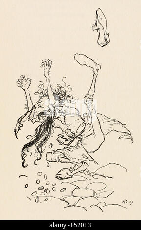 Der egoistische Meister ist gezwungen, tanzen und Gold fällt seine Geldbörse aus "Jude unter den Dornen" in "Die Märchen von der Brüder Grimm", Illustration von Arthur Rackham (1867-1939). Siehe Beschreibung für mehr Informationen. Stockfoto