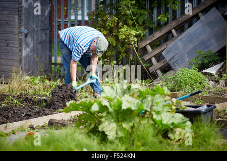 Affinität Sutton sonnigen Braue Lounge in Gorton resident arbeiten auf seiner Zuteilung Raum Gartenarbeit arbeiten hart überwucherten Unkraut Stockfoto