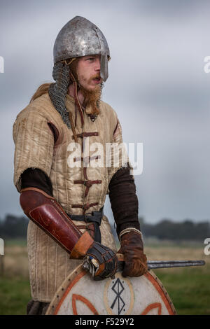 Eine Nahaufnahme von einem Mann als Viking mit Schild und Schwert, Dänemark gekleidet Stockfoto