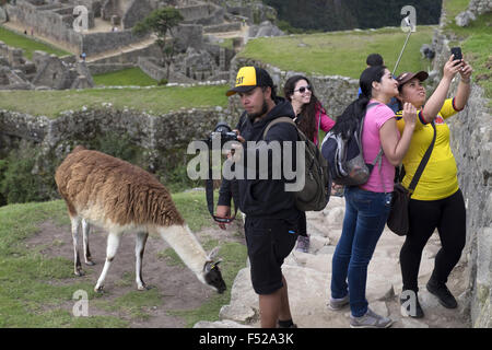 Einige Touristen in die Stadt Machu Picchu im Hintergrund zu fotografieren Stockfoto