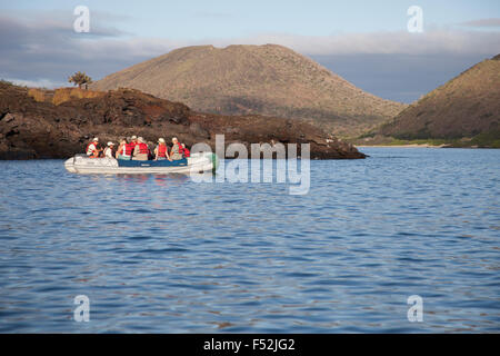 Reisende, die Vulkane von einem Panga-Boot aus auf der Insel Santiago auf den Galapagos-Inseln betrachten Stockfoto