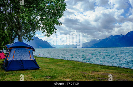 Camping am Genfer See, Schweiz. Stockfoto