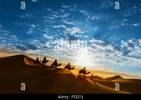 Karawane in der Wüste bei Sonnenaufgang gegen einen schönen bewölkten Himmel, Erg Chebbi, Merzouga, Marokko. Stockfoto