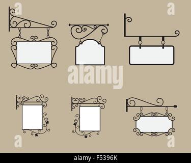 Hängende Zeichen und Banner mit schwarzen gebogenen Stahl Rahmen und quadratische Leinwand in Europa style Stock Vektor