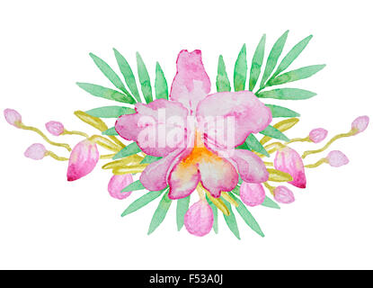 Aquarell Hand gezeichnete rosa Orchidee und Palmblättern Stockfoto