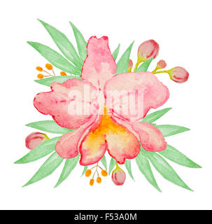 Aquarell Hand gezeichnete rosa Orchidee und Palmblättern Stockfoto