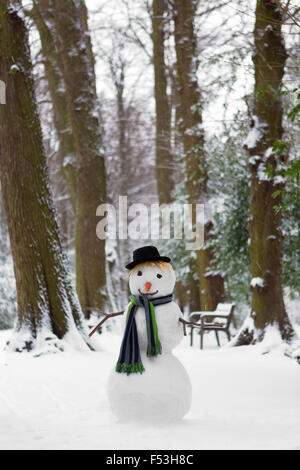 Schneemann stehend im Park einen Hut Einfrieren Stockfoto