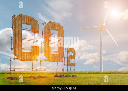 3D, CGI, [M], Symbol, Co2, Windenergie, Schadstoff Stockfoto