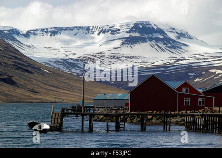 Traditionellen Fischerhäuser entlang der Küste Eskifjörður Ost-Island Stockfoto