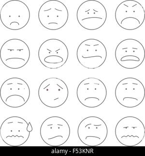 Satz von 16 Emoticons oder Smileys, jedes mit einem anderen Gesichtsausdruck und Emotion, skizzierte Umriss auf weiß Stock Vektor