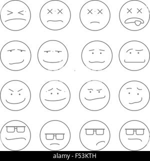 Satz von 16 Emoticons oder Smileys, jedes mit einem anderen Gesichtsausdruck und Emotion, skizzierte Umriss auf weiß Stock Vektor