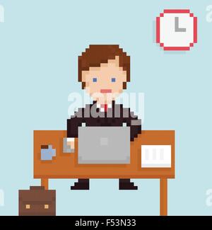 Vektor-Pixel Kunst Illistration Büro Geschäftsmann auf dem Laptop, Papiere, Tasse Kaffee sitzen, Tisch Stock Vektor