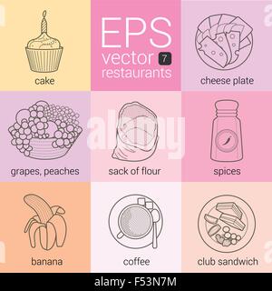 Festliche Kuchen streut brennende Kerze, in Scheiben geschnitten Käseplatte, Obst Korb Trauben Pfirsiche, Beutel Mehl, Gewürze, eröffnet jar Banane Stock Vektor