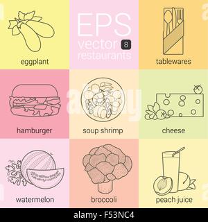 Auberginen, Geschirr, Hamburger-Suppe mit Garnelen, ein Stück Käse, in Scheiben geschnittene Arbus, Brokkoli, Pfirsich Saft, eine Reihe von Icons Vektor c Stock Vektor