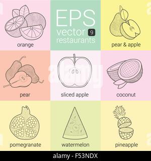 Vektor-Icons Set. Symbole für Restaurants, Kantinen, Caterer, Snack-Bars, Menüs, Zutaten des Lebensmittels. Outlne Kontur-Linie Kunst Stock Vektor