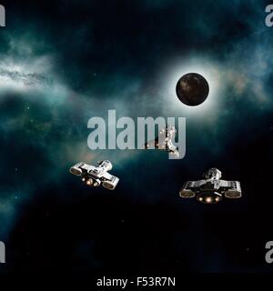 Raumschiffe der Annäherung an einen dunklen Planeten Stockfoto