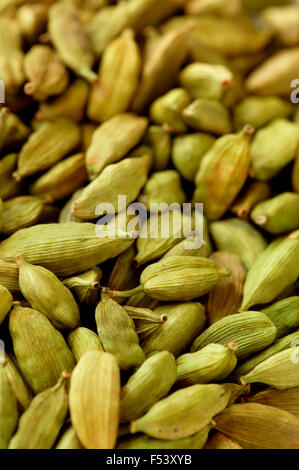 Nahaufnahme von Kardamomkapseln. Stockfoto