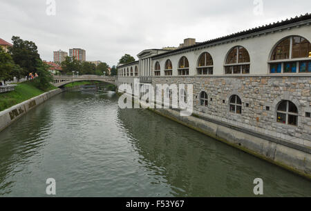 Fluss Ljubljanica und Central Market in Ljubljana, Slowenien Stockfoto