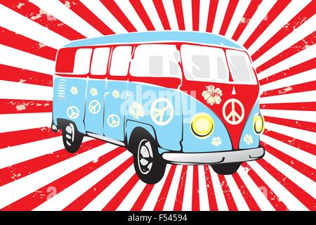 Retro-van in rot und blau - hand gezeichnete illustration Stock Vektor