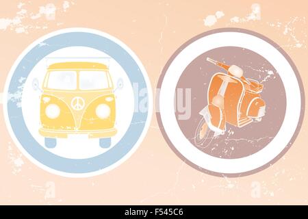 Etiketten mit Retro-van und Retro-Scooter im Vintage-Design - hand gezeichnete illustration Stock Vektor