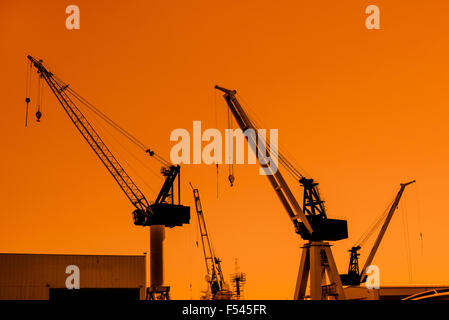 Krane Silhouetten bei einem Versand Hafen am Morgen Stockfoto