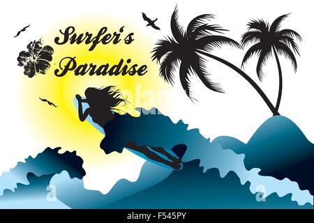 Surfers Paradise - Vintage retro Poster mit Palmen, Wellen, Frau Silhouette auf Surfbrett, Hibiskus und Möwen Stock Vektor