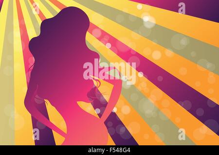 Party Plakat Vorlage mit Regenbogen Farbe Sonnenstrahlen, Bokeh und Tanz weibliche Silhouette - Vektor-illustration Stock Vektor