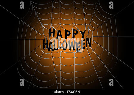 Spinnennetz mit Happy Halloween Text hängen in der Mitte auf einem Farbverlauf Hintergrund Stockfoto