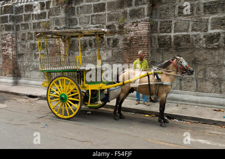 MANILA, Philippinen - 7. Juni 2015: Unbekannter Mann mit Pferd gezogenen Wagen in Intramuros, die monumentalen spanischen Teil von Manila Stockfoto