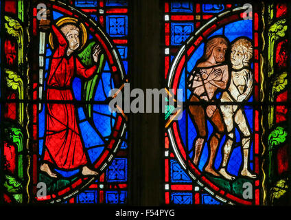 Glasmalerei der Fenster Darstellung von Adam und Eva aus dem Paradies in der Kathedrale von Tours, Frankreich vertrieben. Stockfoto