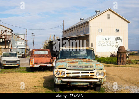 Alte Ford Pickup-Truck von Cotton Gin und Elvis-Schild am The Shack, Inn Cotton Pickers Themenhotel, Clarksdale, Mississippi, Vereinigte Staaten Stockfoto