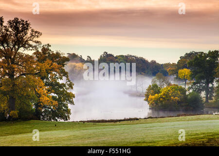Sonnenaufgang über dem See auf dem Bowood Anwesen in Wiltshire. Stockfoto