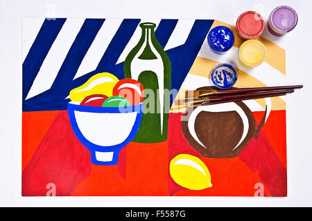 Flaschen mit Gouache Farben und verschiedene Arten von Bürsten für künstlerische Gemälde. Ursprünglichen künstlerischen Malerei von Stillleben auf th Stockfoto