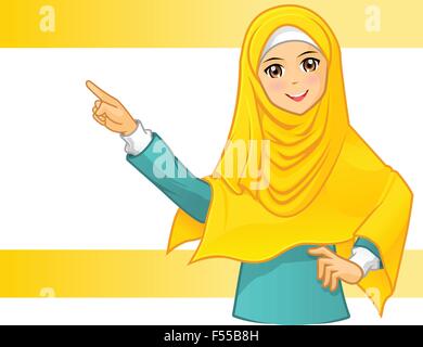 Qualitativ hochwertige Muslimin tragen gelbe Schleier mit Waffen-Cartoon-Charakter-Vektor-Illustration zeigt Stock Vektor