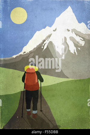 Illustration der Wanderer vor schneebedeckten Berg stehend Stockfoto