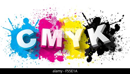 CMYK-3D-Buchstaben mit Farbe Splash Hintergrund, Logo, Symbol, Vektor-illustration Stock Vektor