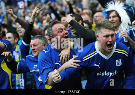 Cardiff City Fußball-Fans während eines Spiels im Wembley Stadion in London 2013 zu reagieren. Stockfoto