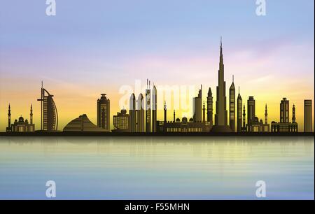 Skyline von Dubai-Stadt bei Sonnenuntergang Stock Vektor