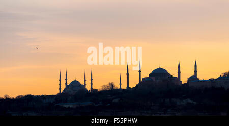 Silhouette der blauen Moschee und der Hagia Sophia, Istanbul, Türkei Stockfoto