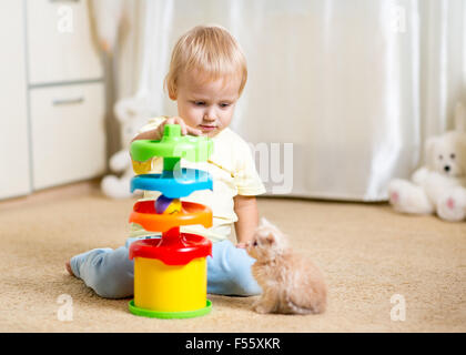 Kind Junge spielt mit einem Kätzchen, Innenansicht Stockfoto