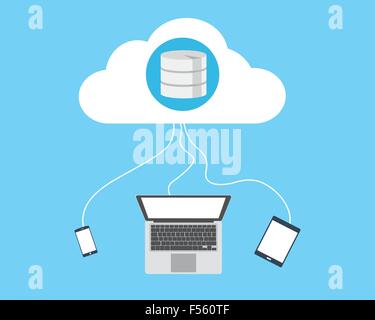 Cloud-Datenbank verbinden Laptop Smartphone und Registerkarte " Stock Vektor