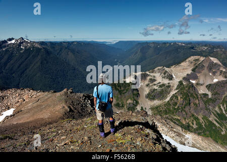 WASHINGTON - Wanderer mit Blick auf den Hoh River Valley und Katze Peak von der Seite des Mount Carrie im Bereich von Bailey. Stockfoto